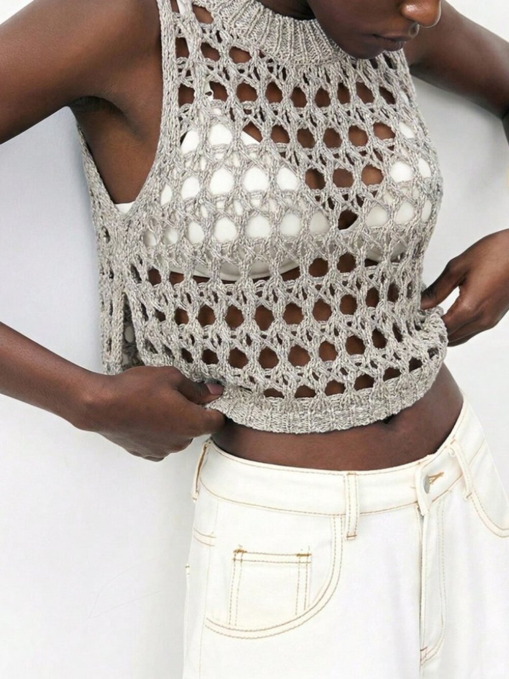 Cream Crochet Knit Tank Top with Openwork